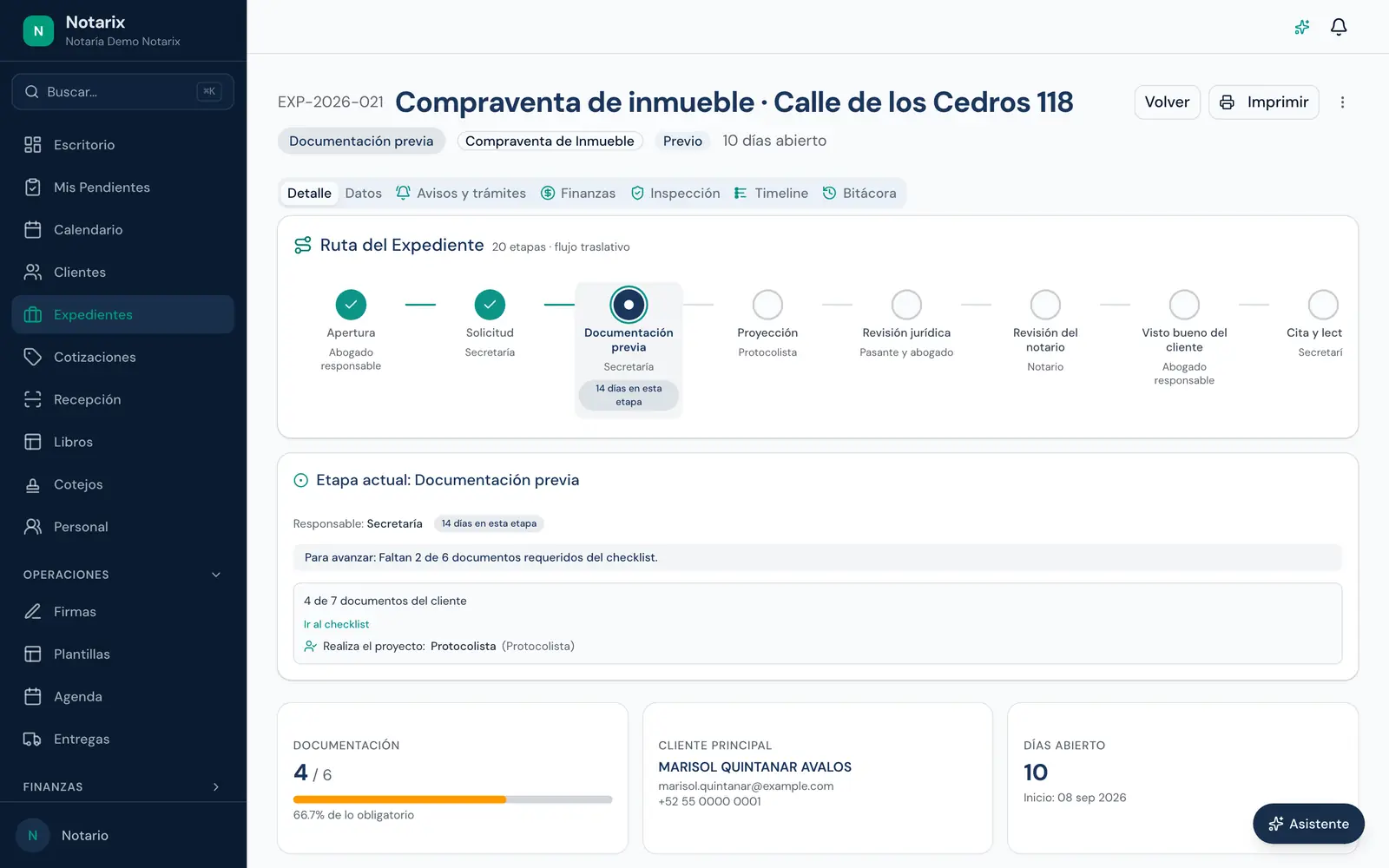Ruta de una compraventa con etapas terminadas, trabajo en curso, responsables y siguiente paso