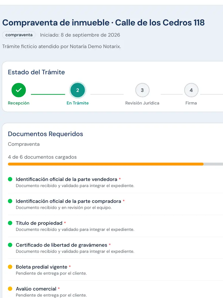 Portal del cliente con avance del trámite, documentos entregados y documentos pendientes por subir